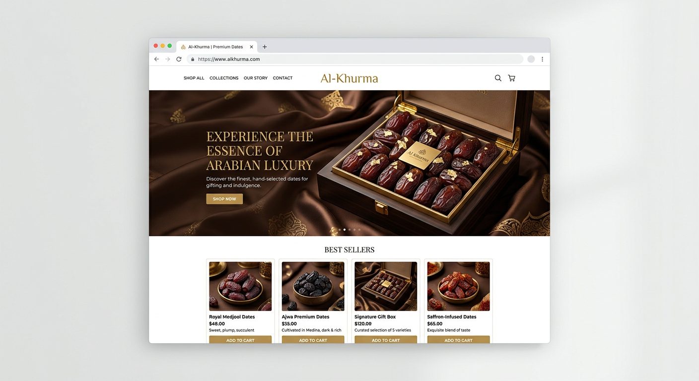 Contoh rekaan website premium jenama kurma Ajwa dengan warna coklat dan emas